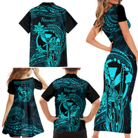 Hawaii Family Matching Short Sleeve Bodycon Dress and Hawaiian Shirt King Kamehameha Mix Polynesian Plumeria Turquoise Version - Wonder Print Shop