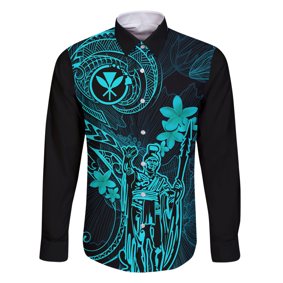 Hawaii Family Matching Short Sleeve Bodycon Dress and Hawaiian Shirt King Kamehameha Mix Polynesian Plumeria Turquoise Version - Wonder Print Shop