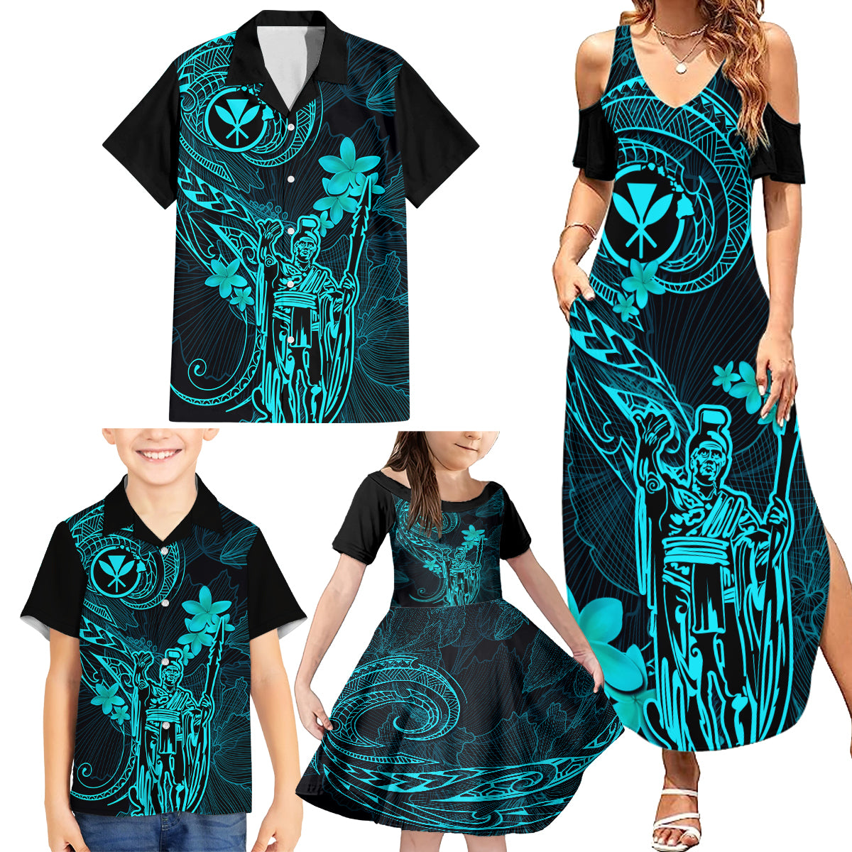Hawaii Family Matching Summer Maxi Dress and Hawaiian Shirt King Kamehameha Mix Polynesian Plumeria Turquoise Version - Wonder Print Shop