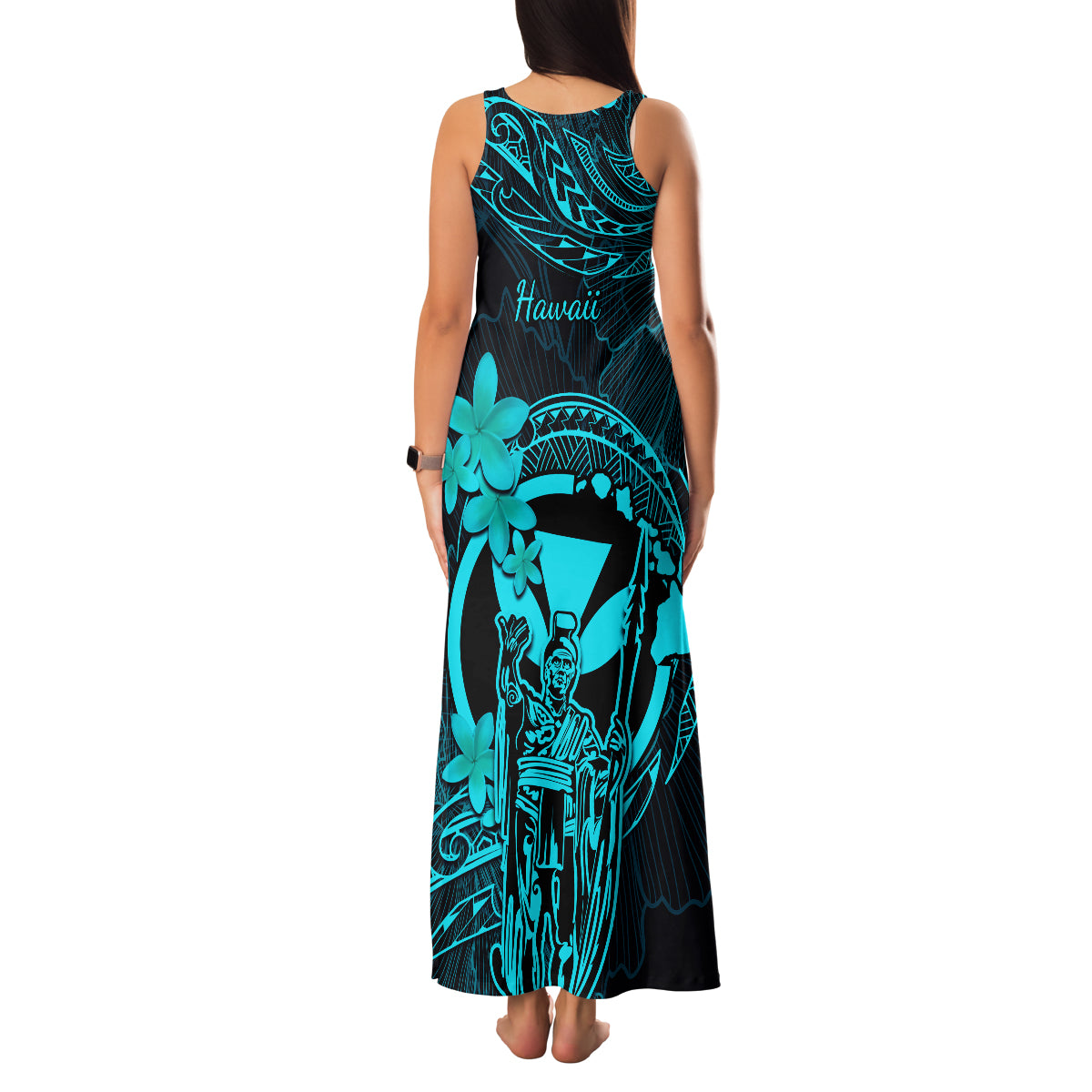 Hawaii Family Matching Tank Maxi Dress and Hawaiian Shirt King Kamehameha Mix Polynesian Plumeria Turquoise Version - Wonder Print Shop