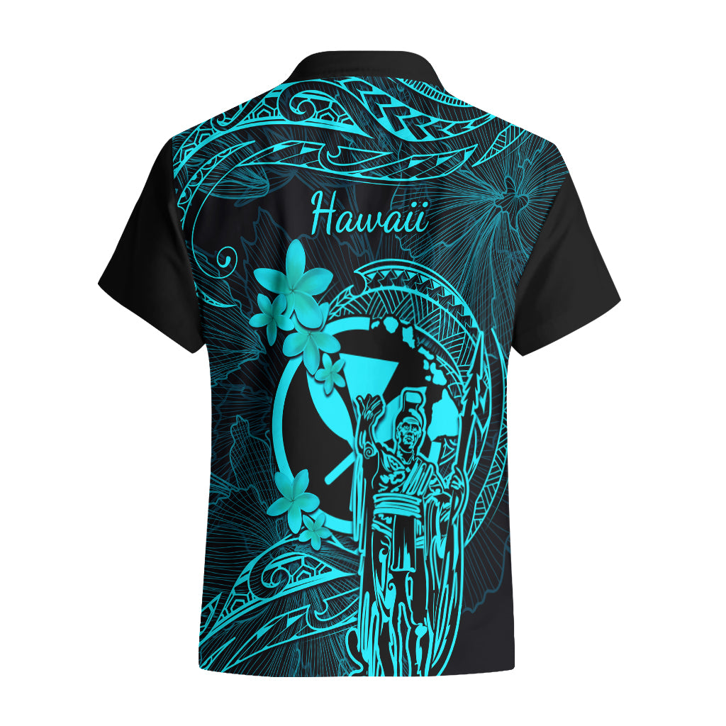 Hawaii Hawaiian Shirt King Kamehameha Mix Polynesian Plumeria Turquoise Version - Wonder Print Shop