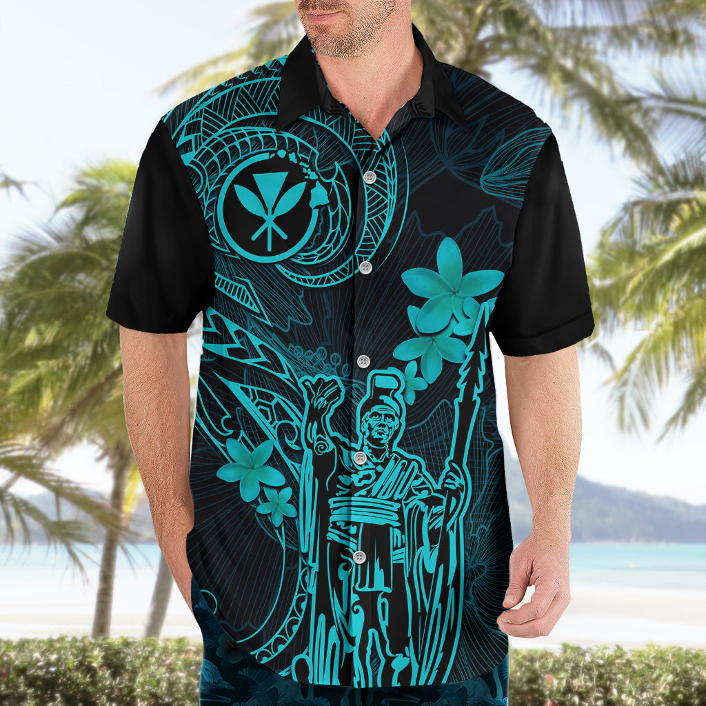 Hawaii Hawaiian Shirt King Kamehameha Mix Polynesian Plumeria Turquoise Version - Wonder Print Shop