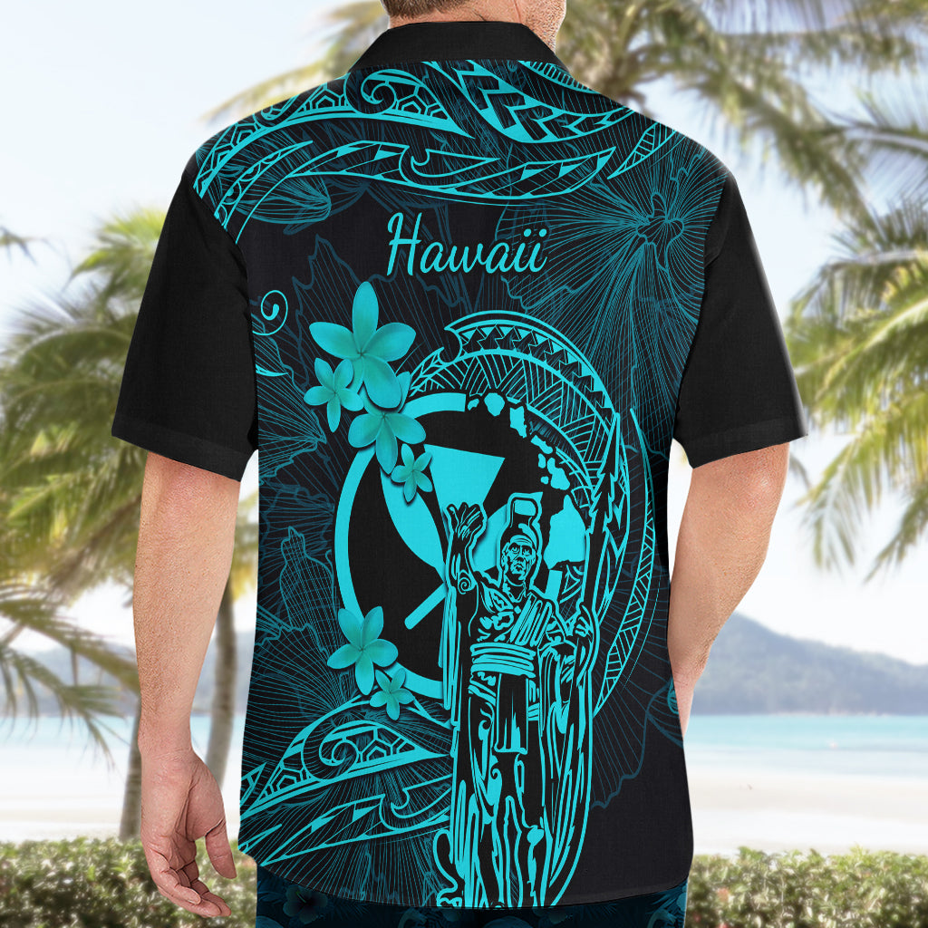 Hawaii Hawaiian Shirt King Kamehameha Mix Polynesian Plumeria Turquoise Version - Wonder Print Shop