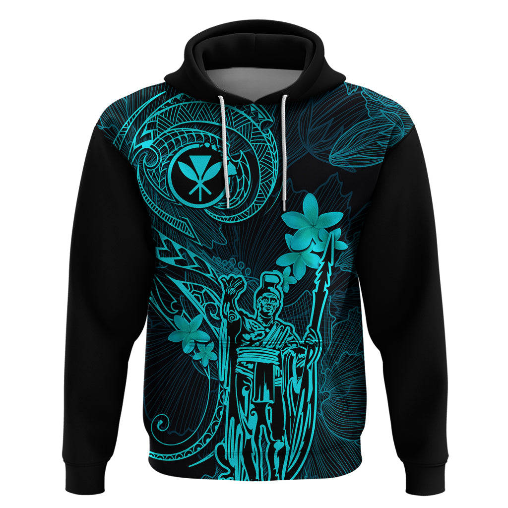 Hawaii Hoodie King Kamehameha Mix Polynesian Plumeria Turquoise Version - Wonder Print Shop