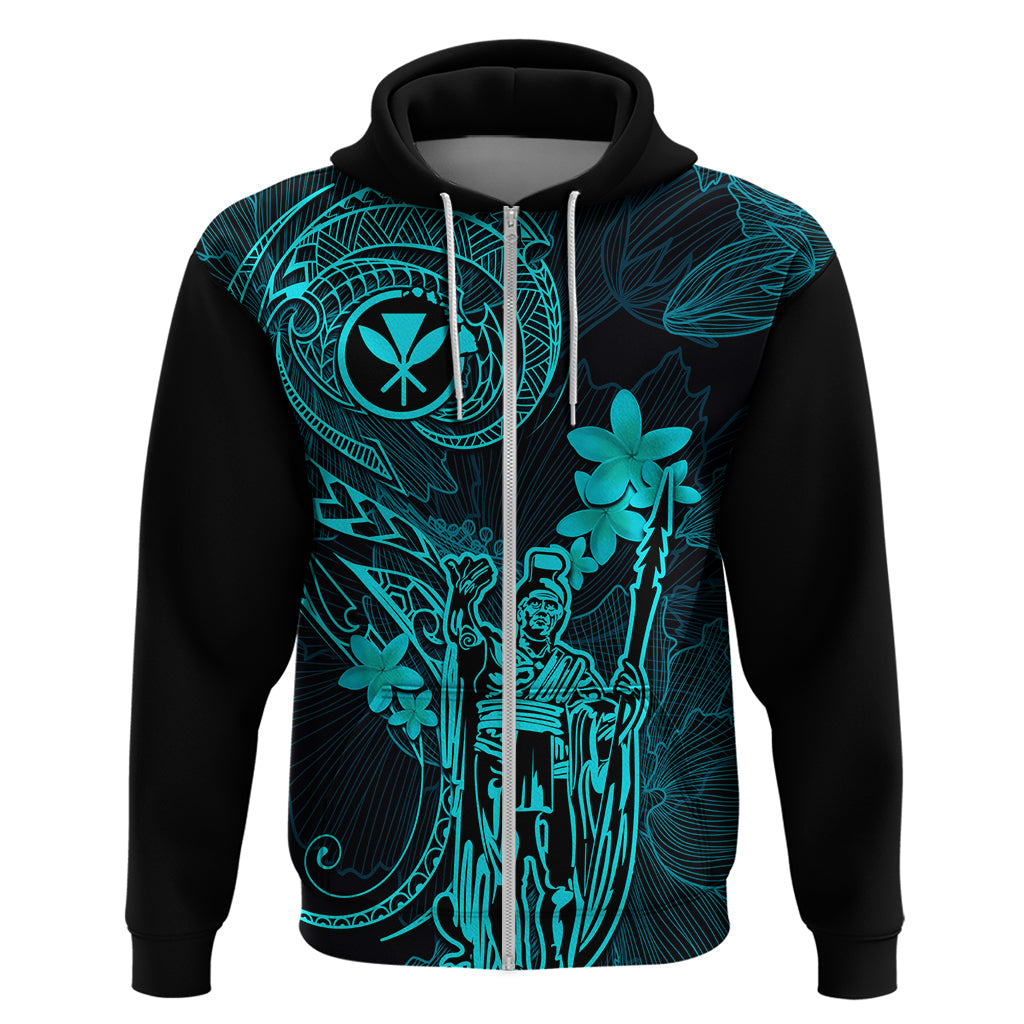 Hawaii Hoodie King Kamehameha Mix Polynesian Plumeria Turquoise Version - Wonder Print Shop