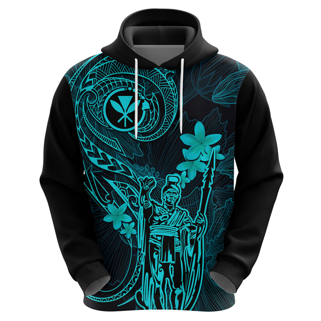 Hawaii Hoodie King Kamehameha Mix Polynesian Plumeria Turquoise Version - Wonder Print Shop