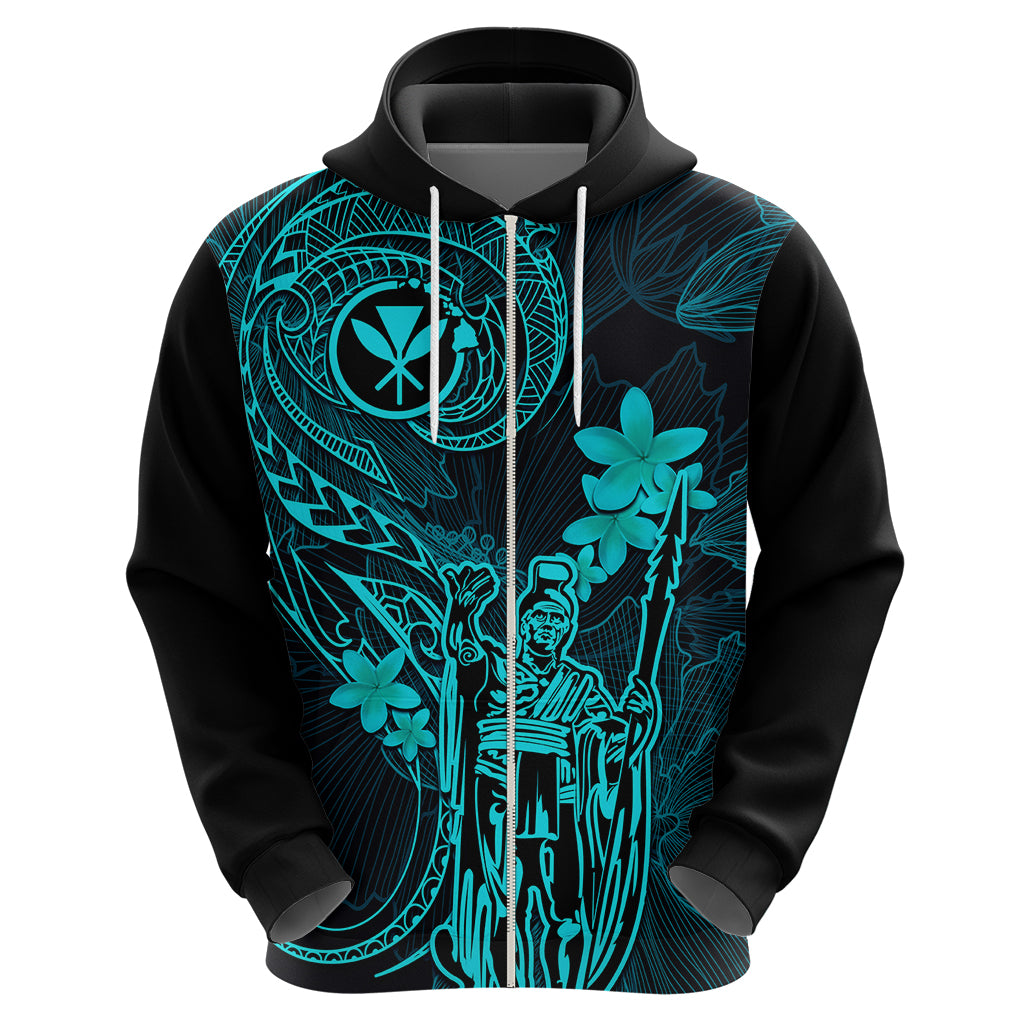 Hawaii Hoodie King Kamehameha Mix Polynesian Plumeria Turquoise Version - Wonder Print Shop