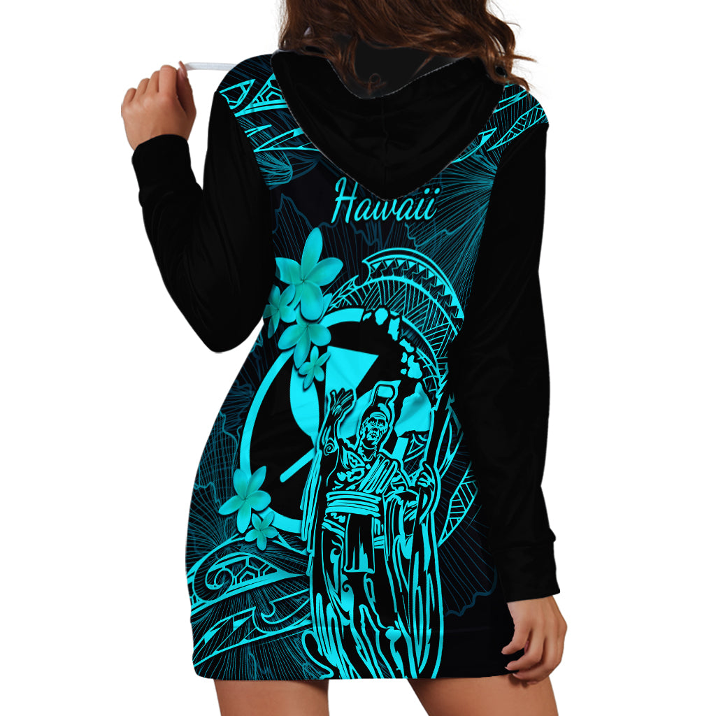Hawaii Hoodie Dress King Kamehameha Mix Polynesian Plumeria Turquoise Version - Wonder Print Shop