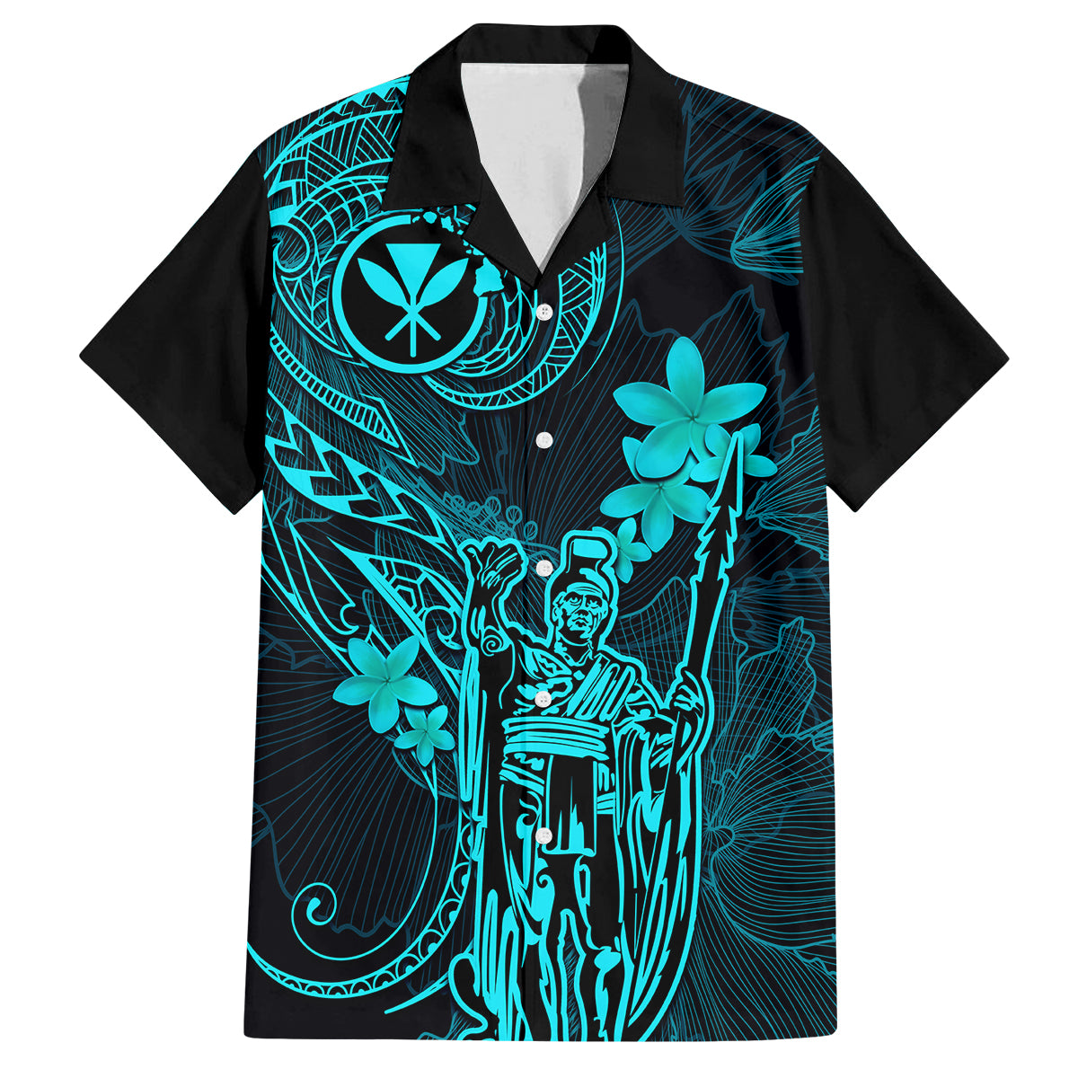 Hawaii Kid Hawaiian Shirt King Kamehameha Mix Polynesian Plumeria Turquoise Version - Wonder Print Shop