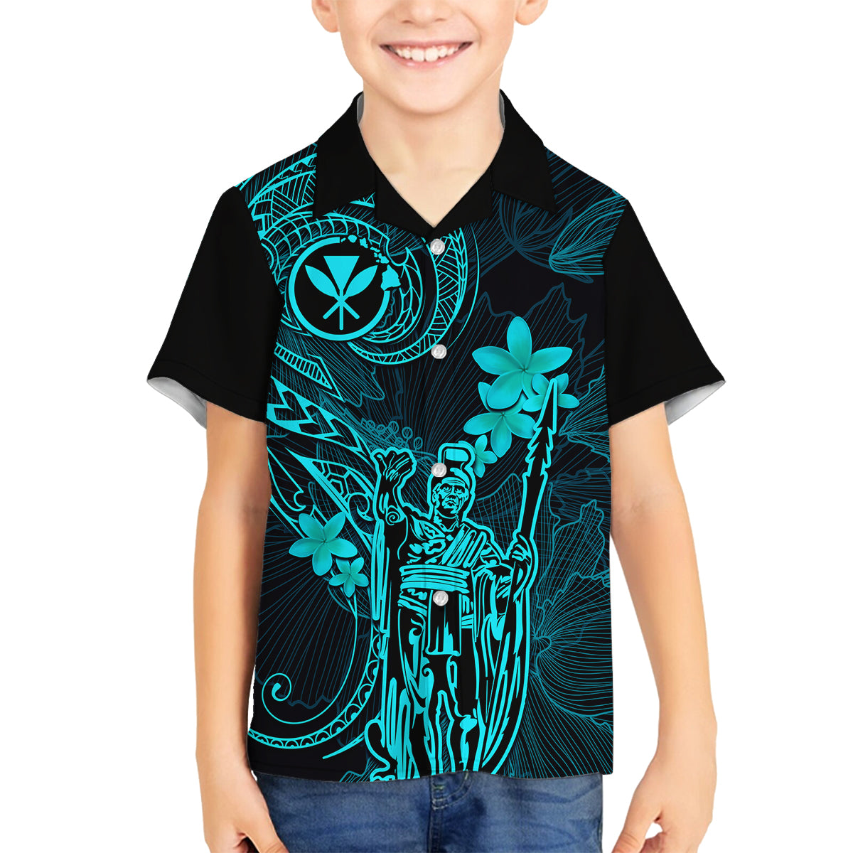 Hawaii Kid Hawaiian Shirt King Kamehameha Mix Polynesian Plumeria Turquoise Version - Wonder Print Shop
