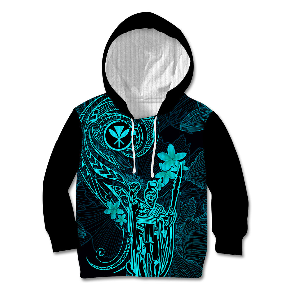 Hawaii Kid Hoodie King Kamehameha Mix Polynesian Plumeria Turquoise Version - Wonder Print Shop