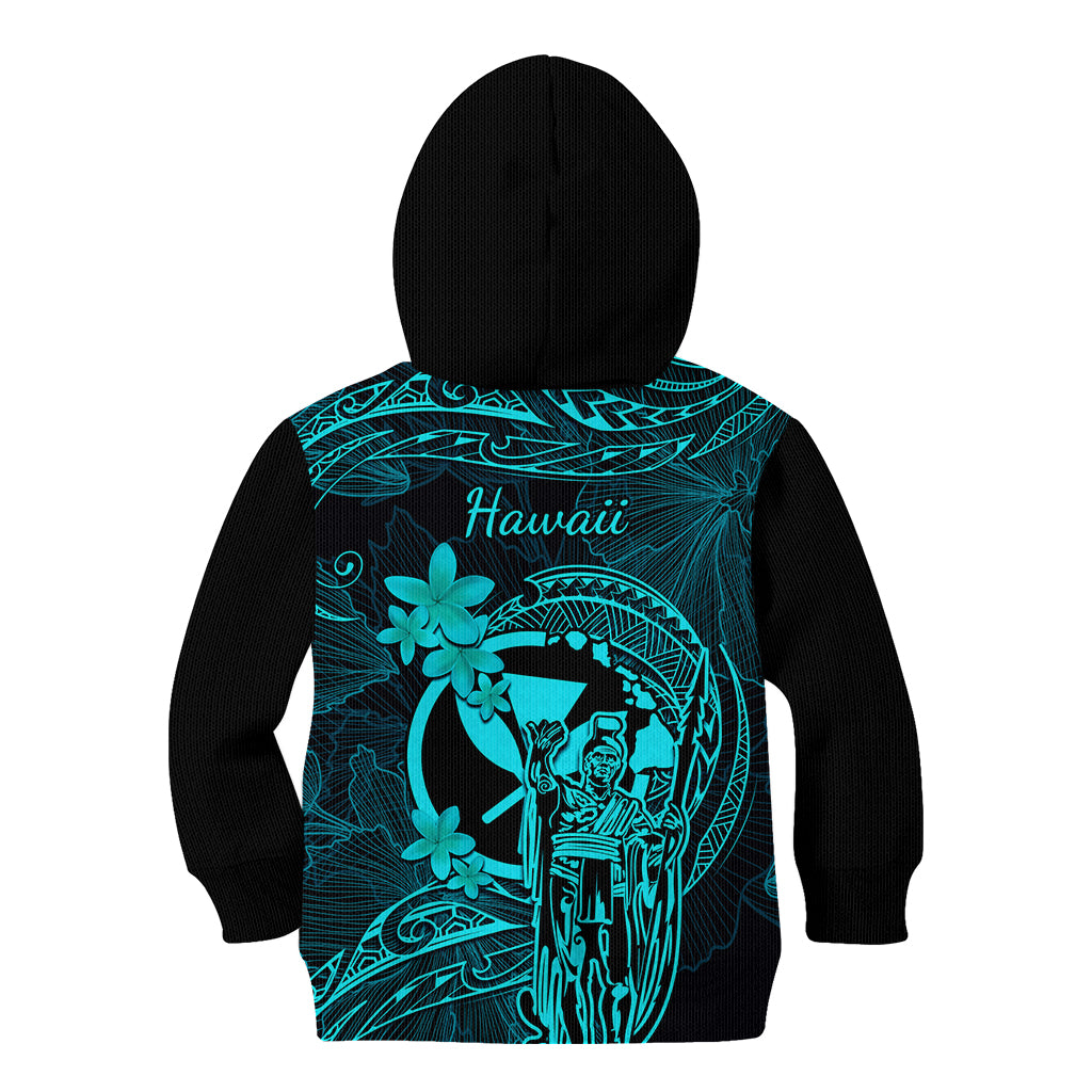 Hawaii Kid Hoodie King Kamehameha Mix Polynesian Plumeria Turquoise Version - Wonder Print Shop