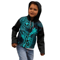 Hawaii Kid Hoodie King Kamehameha Mix Polynesian Plumeria Turquoise Version - Wonder Print Shop
