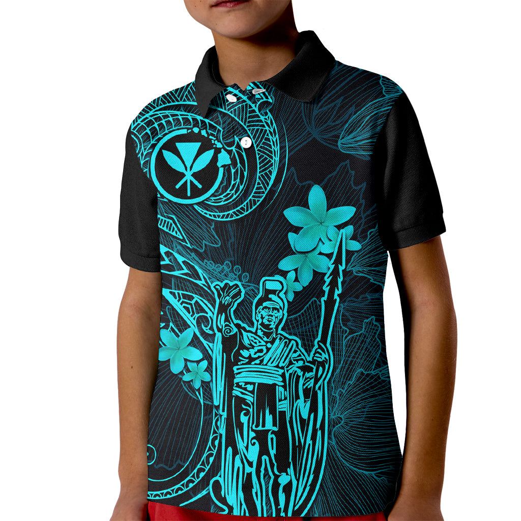 Hawaii Kid Polo Shirt King Kamehameha Mix Polynesian Plumeria Turquoise Version - Wonder Print Shop