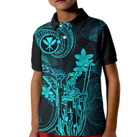 Hawaii Kid Polo Shirt King Kamehameha Mix Polynesian Plumeria Turquoise Version - Wonder Print Shop