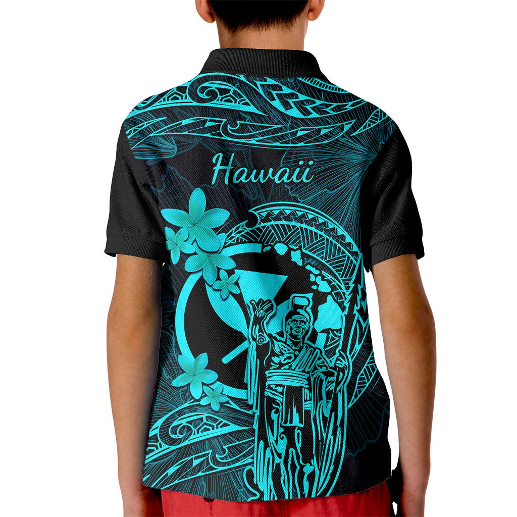 Hawaii Kid Polo Shirt King Kamehameha Mix Polynesian Plumeria Turquoise Version - Wonder Print Shop