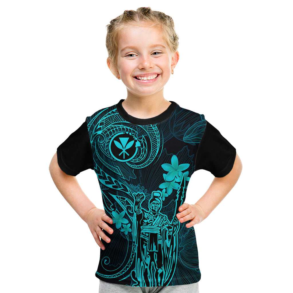 Hawaii Kid T Shirt King Kamehameha Mix Polynesian Plumeria Turquoise Version - Wonder Print Shop