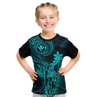 Hawaii Kid T Shirt King Kamehameha Mix Polynesian Plumeria Turquoise Version - Wonder Print Shop