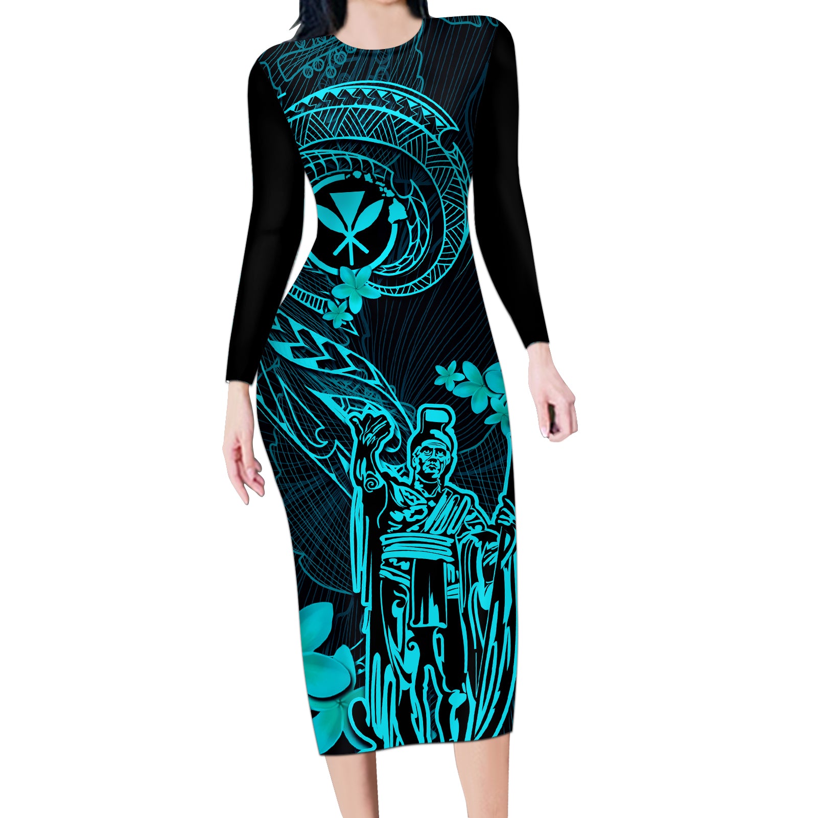 Hawaii Long Sleeve Bodycon Dress King Kamehameha Mix Polynesian Plumeria Turquoise Version - Wonder Print Shop