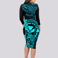 Hawaii Long Sleeve Bodycon Dress King Kamehameha Mix Polynesian Plumeria Turquoise Version - Wonder Print Shop