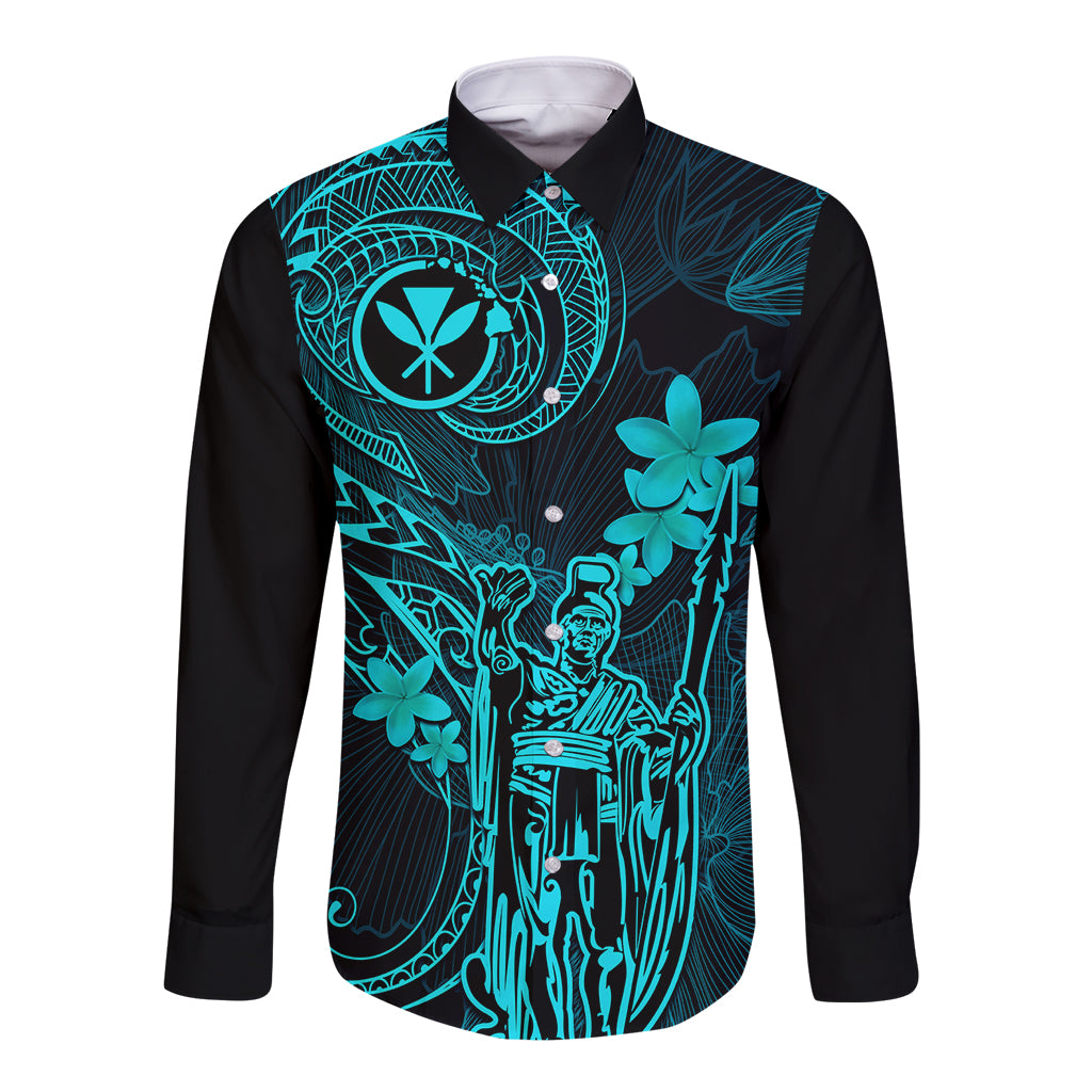 Hawaii Long Sleeve Button Shirt King Kamehameha Mix Polynesian Plumeria Turquoise Version - Wonder Print Shop