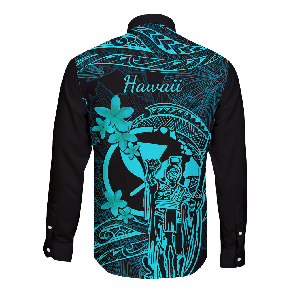 Hawaii Long Sleeve Button Shirt King Kamehameha Mix Polynesian Plumeria Turquoise Version - Wonder Print Shop