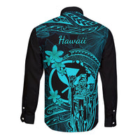 Hawaii Long Sleeve Button Shirt King Kamehameha Mix Polynesian Plumeria Turquoise Version - Wonder Print Shop
