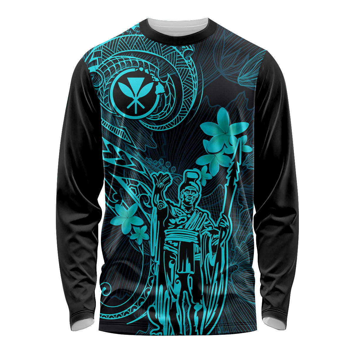 Hawaii Long Sleeve Shirt King Kamehameha Mix Polynesian Plumeria Turquoise Version - Wonder Print Shop