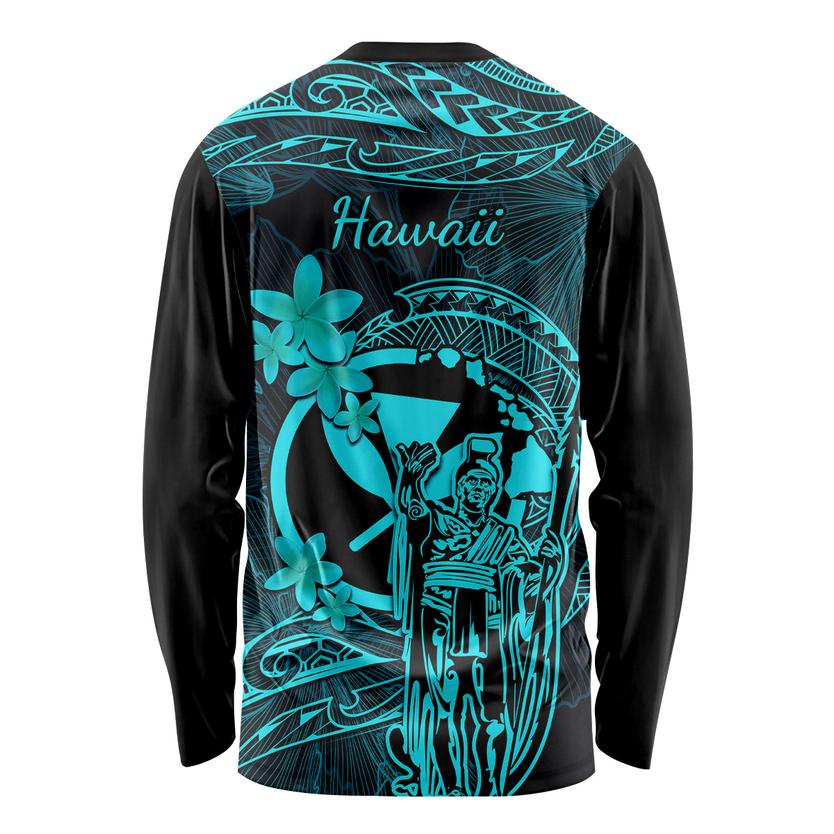 Hawaii Long Sleeve Shirt King Kamehameha Mix Polynesian Plumeria Turquoise Version - Wonder Print Shop