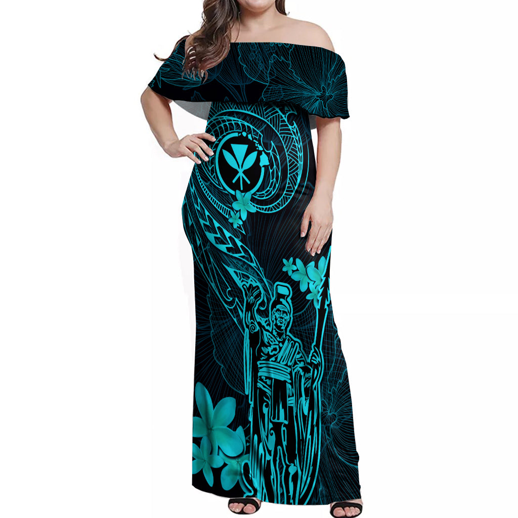 Hawaii Off Shoulder Maxi Dress King Kamehameha Mix Polynesian Plumeria Turquoise Version - Wonder Print Shop