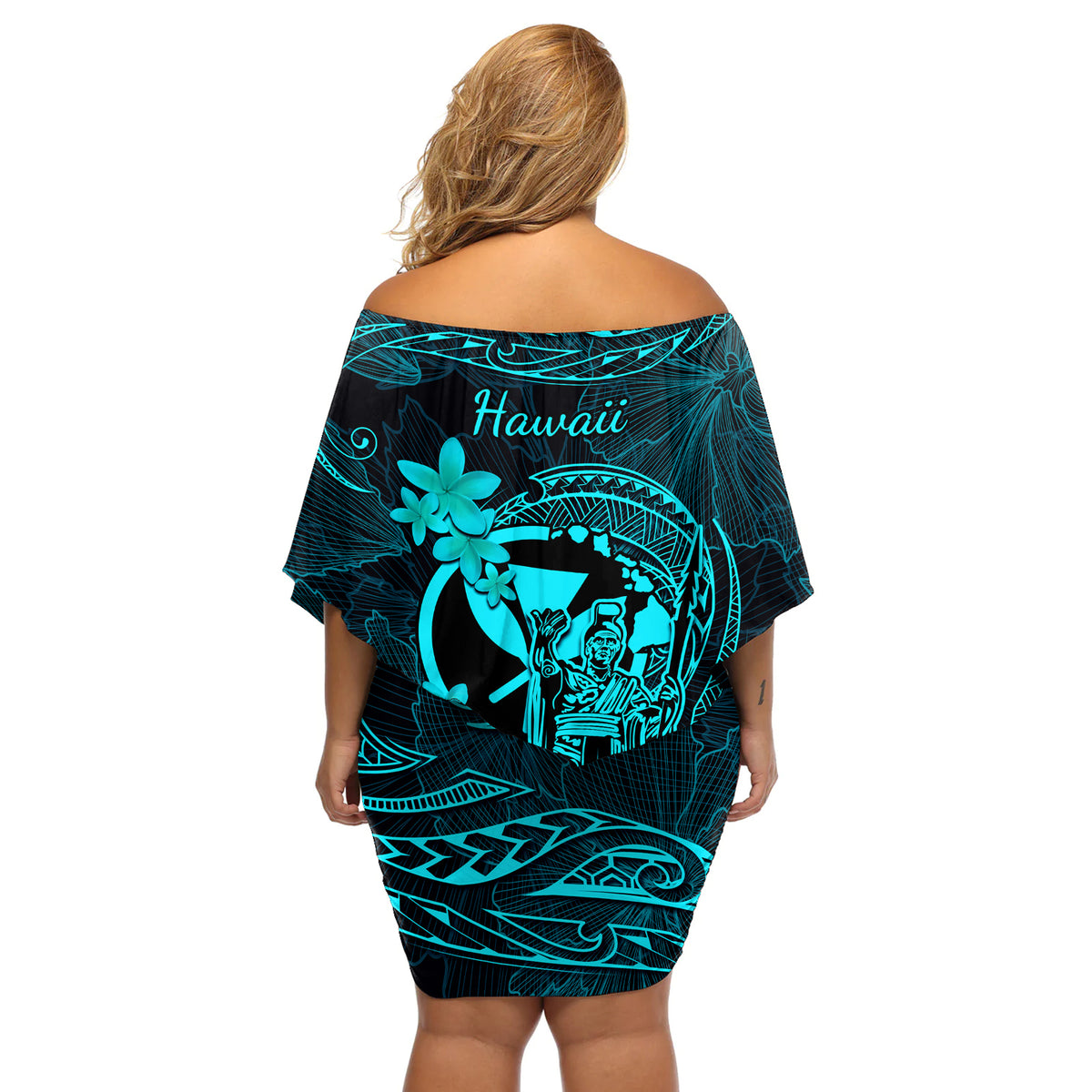Hawaii Off Shoulder Short Dress King Kamehameha Mix Polynesian Plumeria Turquoise Version - Wonder Print Shop