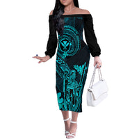 Hawaii Off The Shoulder Long Sleeve Dress King Kamehameha Mix Polynesian Plumeria Turquoise Version - Wonder Print Shop