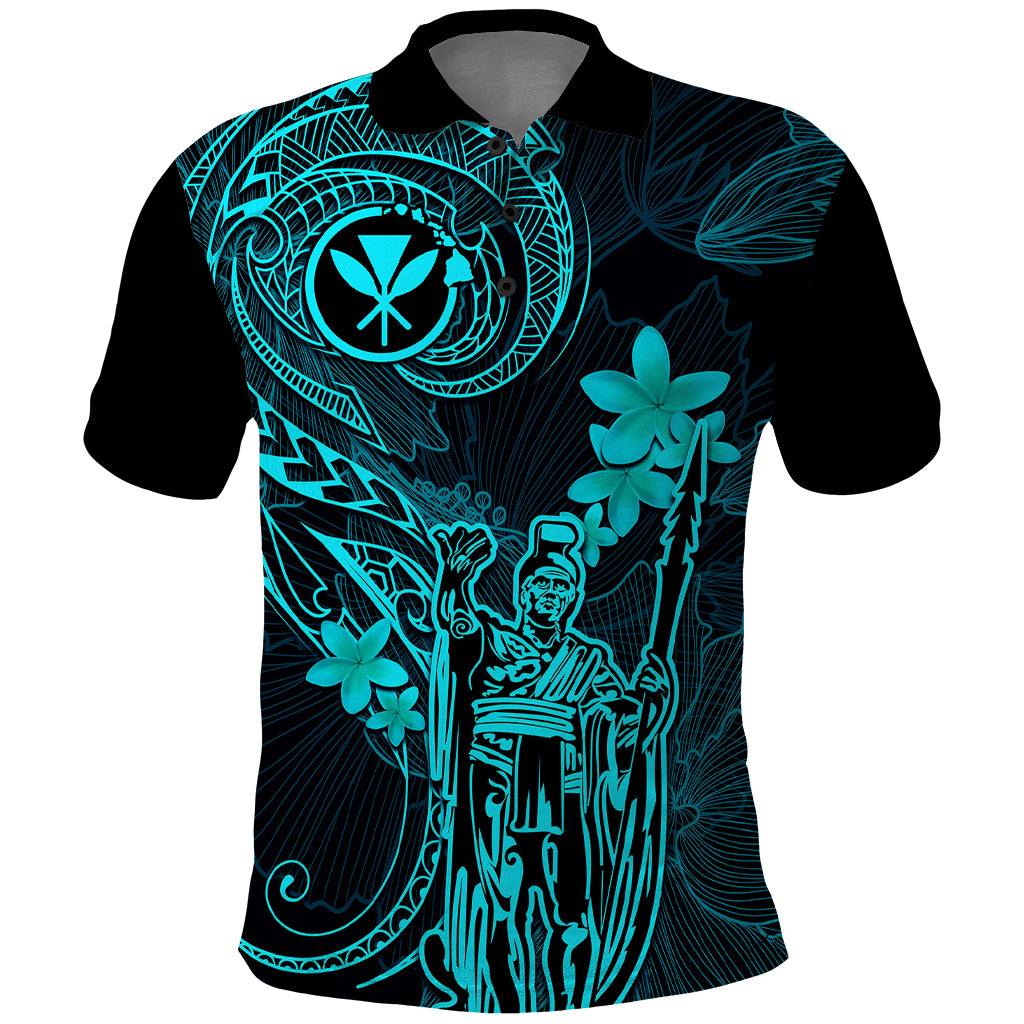 Hawaii Polo Shirt King Kamehameha Mix Polynesian Plumeria Turquoise Version - Wonder Print Shop
