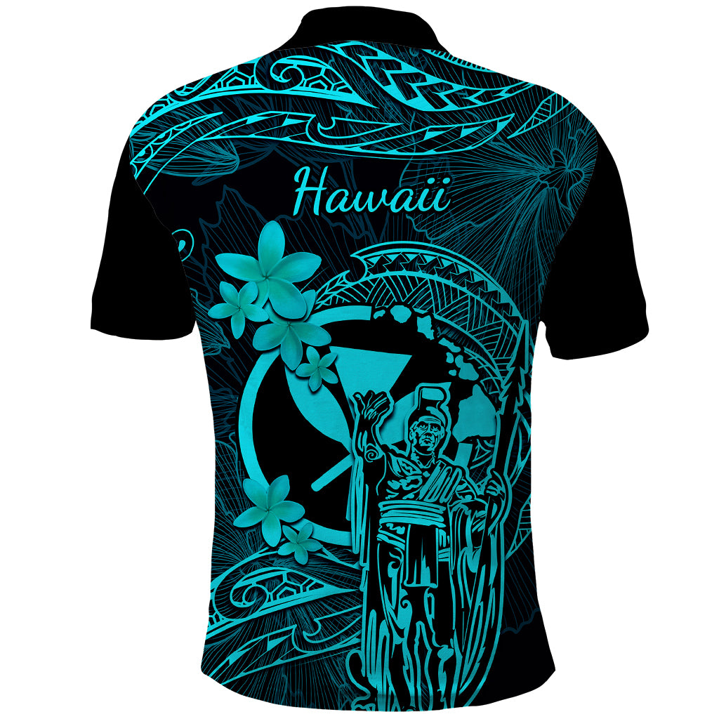 Hawaii Polo Shirt King Kamehameha Mix Polynesian Plumeria Turquoise Version - Wonder Print Shop