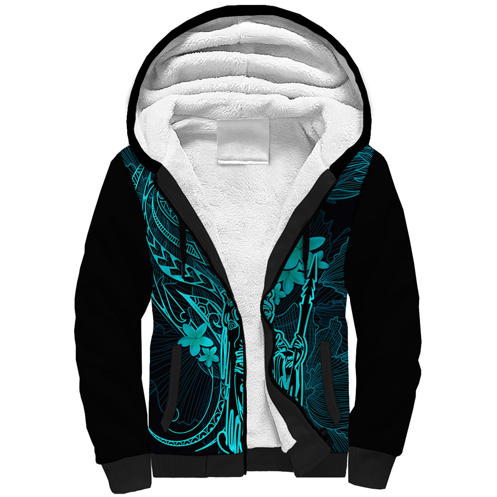 Hawaii Sherpa Hoodie King Kamehameha Mix Polynesian Plumeria Turquoise Version - Wonder Print Shop