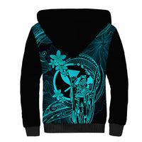 Hawaii Sherpa Hoodie King Kamehameha Mix Polynesian Plumeria Turquoise Version - Wonder Print Shop