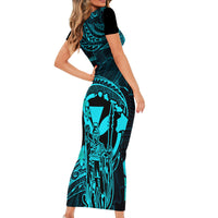 Hawaii Short Sleeve Bodycon Dress King Kamehameha Mix Polynesian Plumeria Turquoise Version - Wonder Print Shop