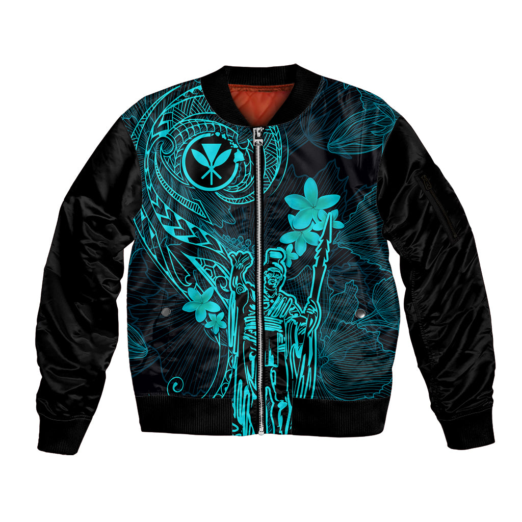 Hawaii Sleeve Zip Bomber Jacket King Kamehameha Mix Polynesian Plumeria Turquoise Version - Wonder Print Shop