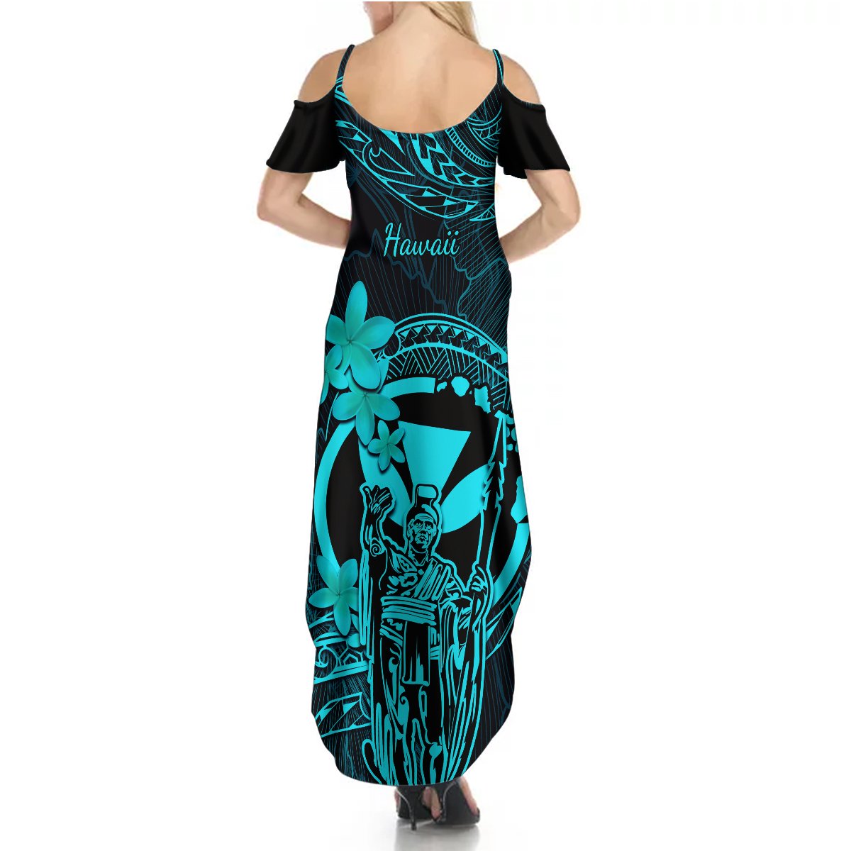 Hawaii Summer Maxi Dress King Kamehameha Mix Polynesian Plumeria Turquoise Version - Wonder Print Shop