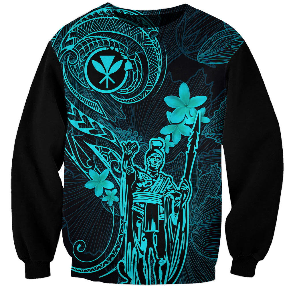 Hawaii Sweatshirt King Kamehameha Mix Polynesian Plumeria Turquoise Version - Wonder Print Shop