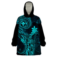 Hawaii Wearable Blanket Hoodie King Kamehameha Mix Polynesian Plumeria Turquoise Version - Wonder Print Shop