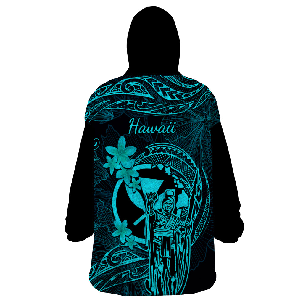 Hawaii Wearable Blanket Hoodie King Kamehameha Mix Polynesian Plumeria Turquoise Version - Wonder Print Shop
