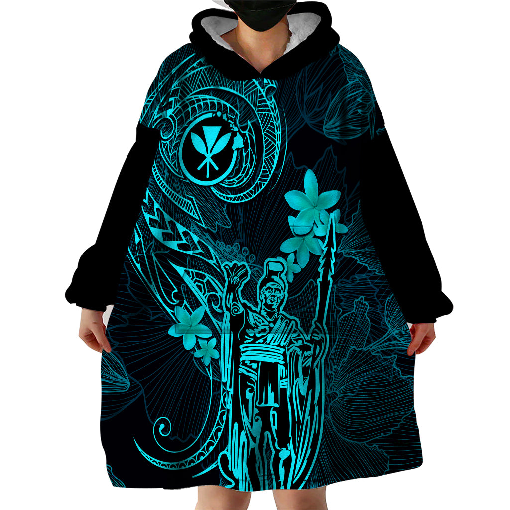 Hawaii Wearable Blanket Hoodie King Kamehameha Mix Polynesian Plumeria Turquoise Version - Wonder Print Shop