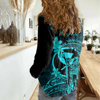 Hawaii Women Casual Shirt King Kamehameha Mix Polynesian Plumeria Turquoise Version - Wonder Print Shop