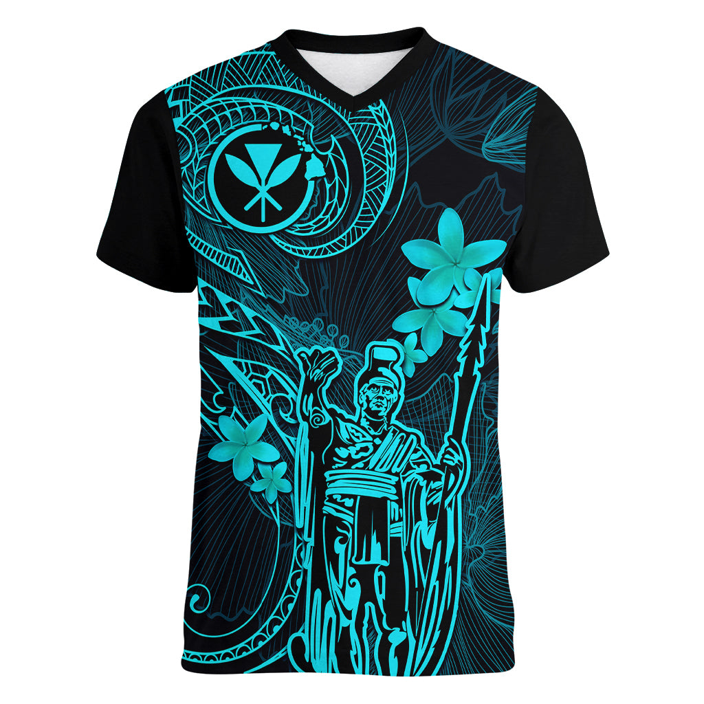 Hawaii Women V Neck T Shirt King Kamehameha Mix Polynesian Plumeria Turquoise Version - Wonder Print Shop