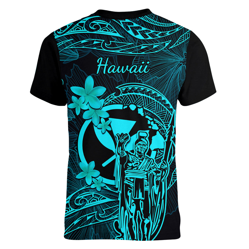 Hawaii Women V Neck T Shirt King Kamehameha Mix Polynesian Plumeria Turquoise Version - Wonder Print Shop