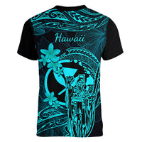 Hawaii Women V Neck T Shirt King Kamehameha Mix Polynesian Plumeria Turquoise Version - Wonder Print Shop