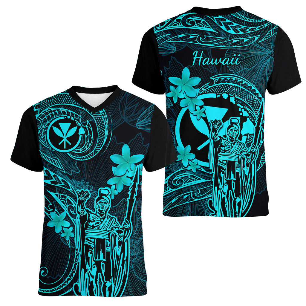 Hawaii Women V Neck T Shirt King Kamehameha Mix Polynesian Plumeria Turquoise Version - Wonder Print Shop