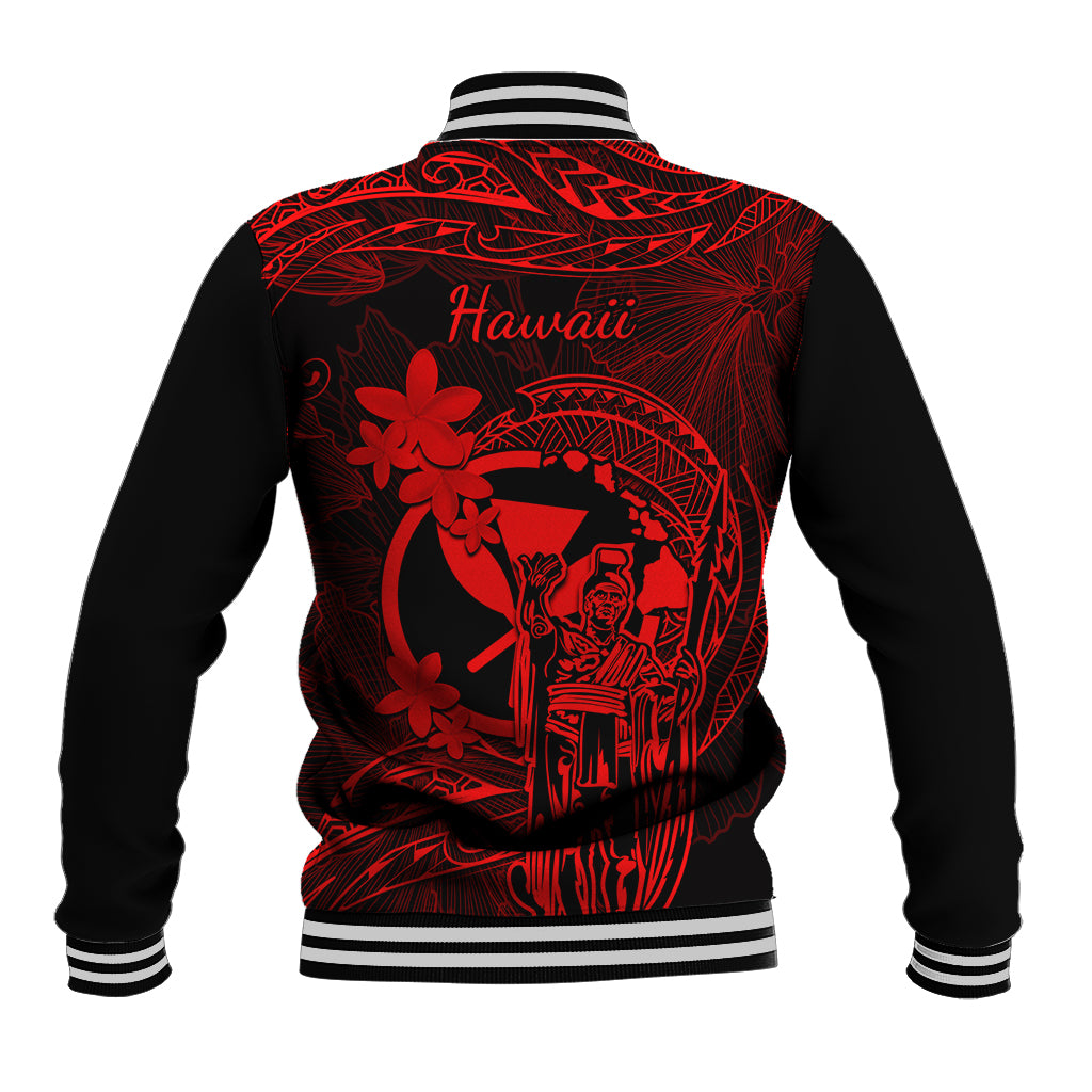 Hawaii Baseball Jacket King Kamehameha Mix Polynesian Plumeria Red Version - Wonder Print Shop