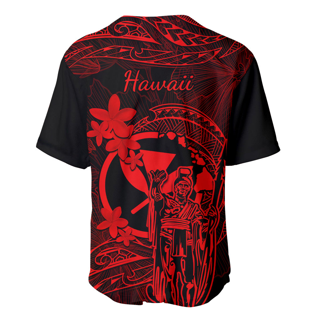 Hawaii Baseball Jersey King Kamehameha Mix Polynesian Plumeria Red Version - Wonder Print Shop